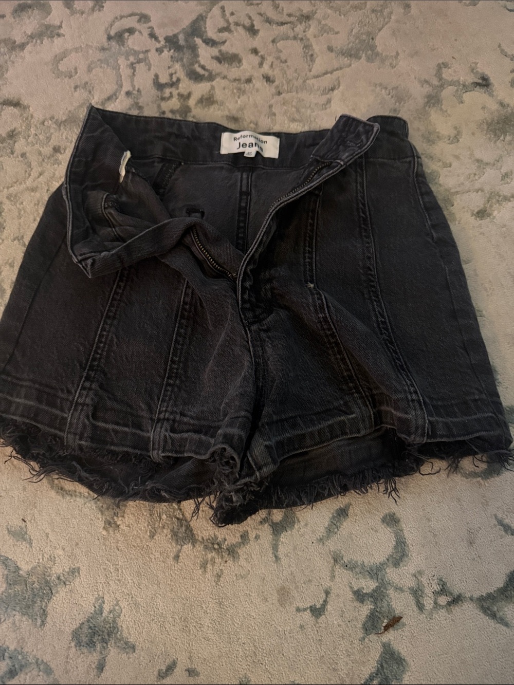 Reformation Black High-Rise Frayed Denim Shorts